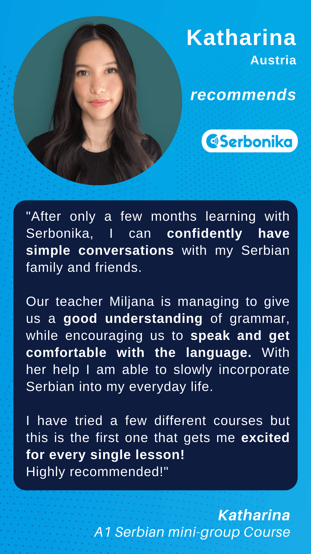 Katharina recommends group Serbian lessons at Serbonika